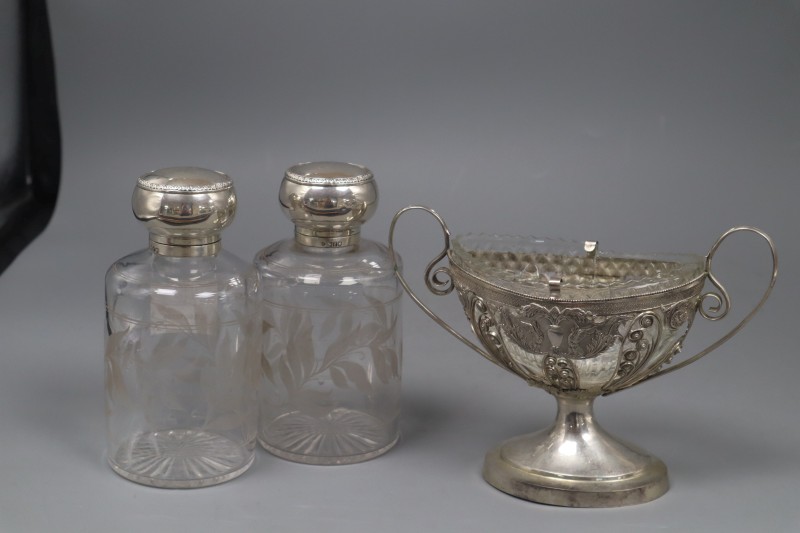 A pair of Edwardian silver mounted etched glass scent bottles, 16cm and a continental two handled vase